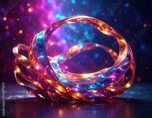 Glowing neon light ribbon swirling in dark space.