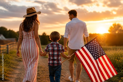 Happy american family walking on path during golden hour with child holding flag.