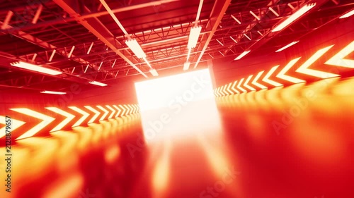 Industrial factory entrance door with neon light, 3d rendering.