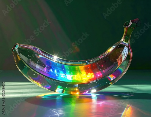 Glass banana sculpture with rainbow light prism effects.