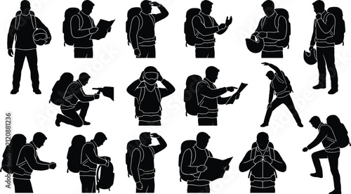 Foto Set of black silhouettes showing adventure riders with backpacks in various pose