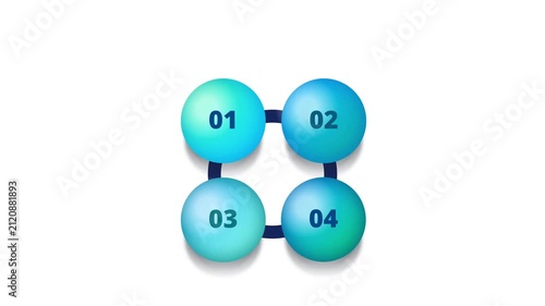 3D 4-step circle infographic diagram connected in a loop with numbered nodes 01 to 04 in cyan and blue gradients. Business workflow and option chart layout on white, green, and dark blue.