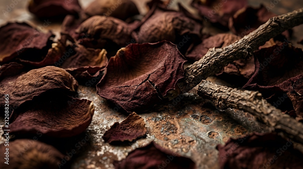 Fototapeta premium Dried rose petals on rustic metal surface. Macro shot of withered flowers and wooden twigs.