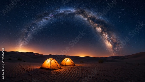 Desert camping under milky way, two illuminated tents in vast sandy landscape, stunning night sky.