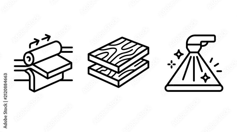 Fototapeta premium Industrial manufacturing process icons set depicting material lamination wood layering and spray coating application with manufacturing industry lamination spraying production engineering