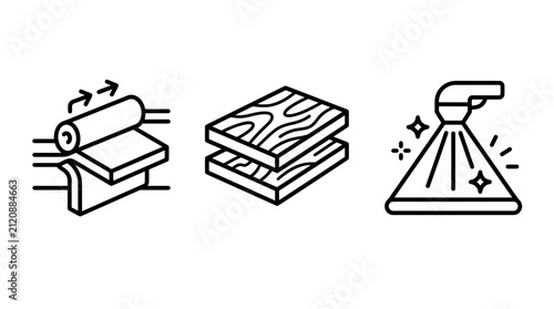 Industrial manufacturing process icons set depicting material lamination wood layering and spray coating application with manufacturing industry lamination spraying production engineering