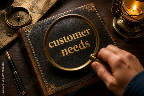 Hand holding magnifying glass over book titled customer needs, searching for client desires.