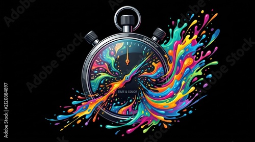 Stopwatch with vibrant paint splash. Colorful liquid explosion on a classic timer clock.
