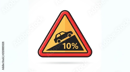 Steep hill warning road sign with 10 percent gradient. Yellow caution traffic triangle indicating dangerous downhill slope ahead for drivers.
