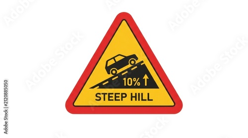 Steep hill warning sign. Road traffic safety icon indicating a ten percent incline grade.
