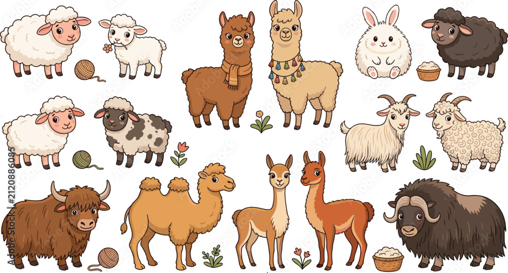 Fototapeta premium Cute farm and mountain animal cartoon vector collection featuring sheep, alpaca, llama, rabbit, goat, camel, yak, and adorable livestock illustrations