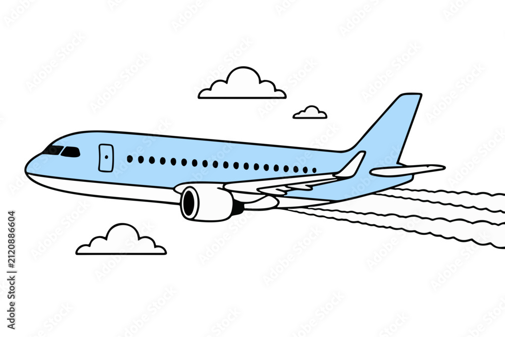 Naklejka premium monoline cartoon of commercial airplane in side profile with contrails