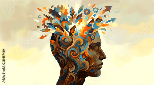 Human head with creative gears and ideas. Conceptual illustration of mental growth process.
