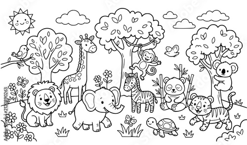 Canvas Print Cartoon Animal Coloring Book Page – Black and White Vector