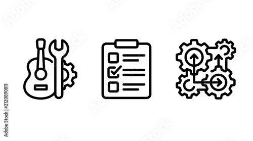 Workflow management and technical task list icons with workflow management checklist technical automation efficiency organization planning business administration coordination industrial