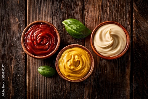 Ketchup mustard and mayonnaise arranged in wooden bowls on rustic dark wood with basil in sharp focus for restaurant and culinary marketing