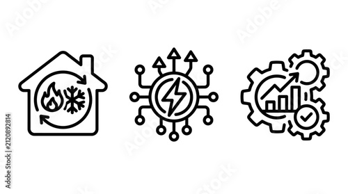Smart climate hvac technology icons representing heating cooling power and operational efficiency with efficiency technology automation regulation industry management optimization performance