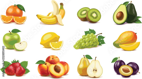 Large Fresh Fruit Vector Set with Orange Banana Kiwi Avocado Apple Lemon Grapes Mango Strawberry Peach Pear and Plum for Organic Food Marketing and Healthy Nutrition Designs