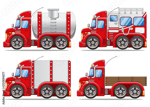 A set of different trucks. Side view. Isolated on white background. Vector illustration. 