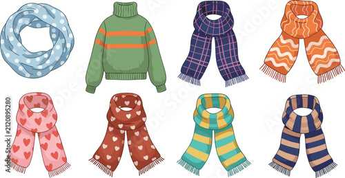Winter Clothing and Scarf Vector Icon Set featuring Knitted Sweater and Colorful Patterned Scarves for Cold Weather Fashion Seasonal Holiday and Autumn Lifestyle Designs