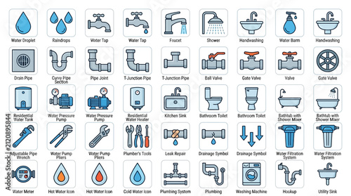 Extensive set of plumbing vector icons showcasing water systems tools pipes fixtures and maintenance.