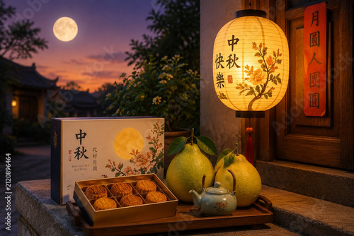 Mid-Autumn doorstep display with glowing lantern, mooncakes, pomelos, ceramic teapot, twilight sky, harvest reunion.