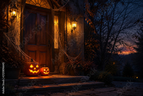 Carved pumpkins glowing on old wooden doorstep with cobwebs at twilight, Halloween welcome concept