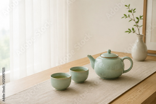 Celadon teapot and two cups on natural linen runner, serene tea time and home decor concept.