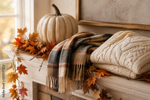 Folded scarf, knitted sweater, cream pumpkin, and dried leaf garland on mantel, autumn home decor concept