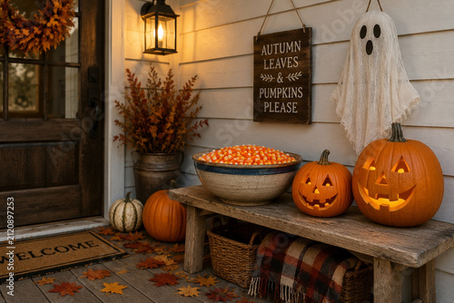 Candy corn bowl, carved pumpkins, paper ghost and autumn leaves, Halloween entryway decoration concept.