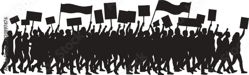  Protest Crowd Silhouette of People Marching with Blank Banners and Signs Isolated on White Background