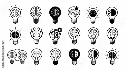 Set of brain and light bulb icons for creative thinking and innovation concepts with lightbulb innovation creativity thinking knowledge intelligence education