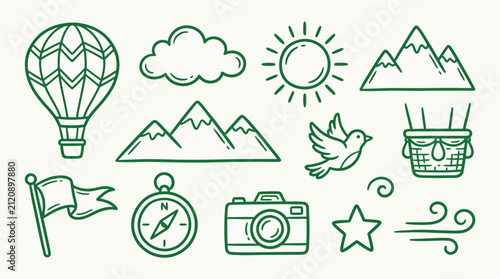 A collection of hand-drawn doodle icons representing travel and adventure, including a hot air balloon, mountains, sun, clouds, a bird, a compass, a flag, a camera, a star, and wind.