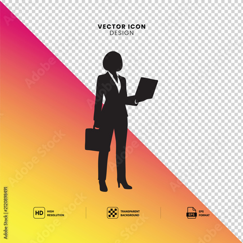 Businesswoman Silhouette with Laptop and Briefcase – Professional Vector Illustration Isolated on Transparent Background

