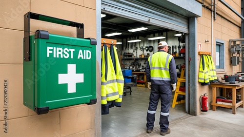 First aid station at industrial workplace with safety equipment and emergency response area