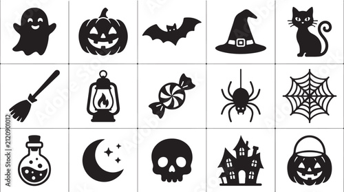 Cuadro en lienzo Set of black halloween icons featuring ghost pumpkin bat cat witch hat spider we