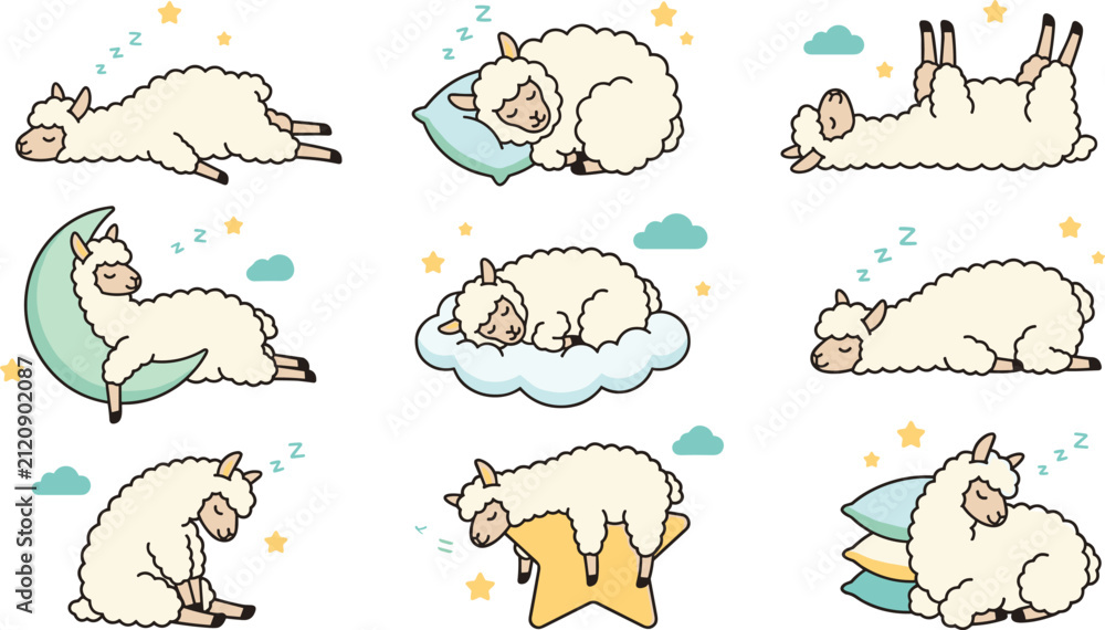 Fototapeta premium Cute sleeping alpaca cartoon vector collection featuring cozy resting poses, moon, clouds, pillows, stars, and adorable sleepy farm animal illustrations