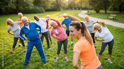 Group of seniors stretching during outdoor park fitness.
