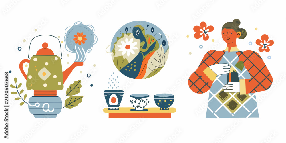 Fototapeta premium Tea Ceremony Illustration With Teapot Cups And Woman In Kimono