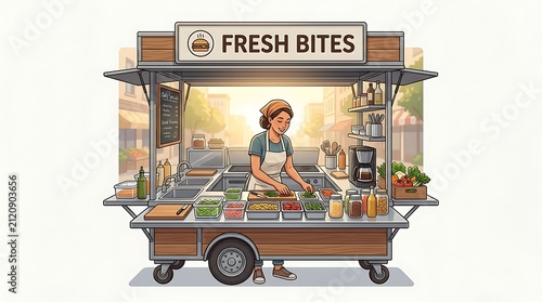 Woman preparing fresh meals in a mobile food cart