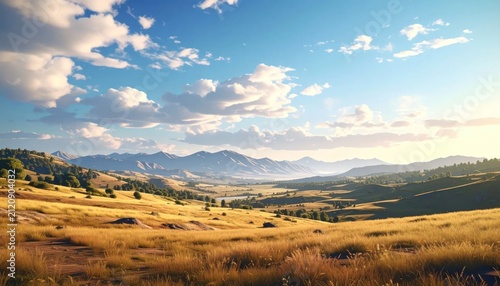 Serene landscape with rolling hills mountains.