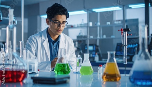 Scientist working with colorful chemical liquids.