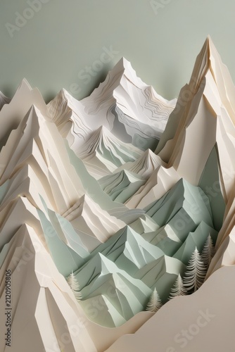 Paper art landscape featuring layered mountains in cream, white, and pale green tones. Folded contours and small trees add depth and realism, creating a serene handcrafted decorative design.