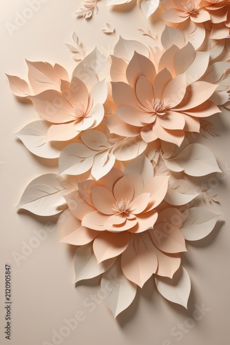 Paper art background with handcrafted flowers and leaves in peach and cream tones. Layered petals and fine details add depth, texture, and elegance, creating a refined decorative design.
