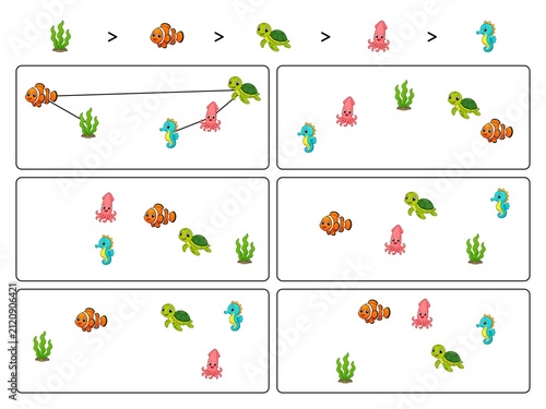 Connect the Pattern Worksheet with Clownfish, Turtle and Seahorse