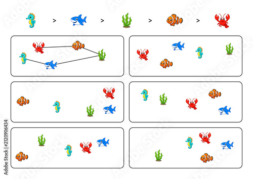 Connect the Pattern Worksheet with Seahorse, Shark and Clownfish