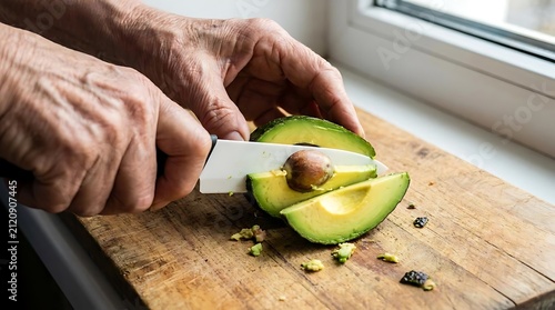 Hands slicing fresh avocado on wooden cutting board.