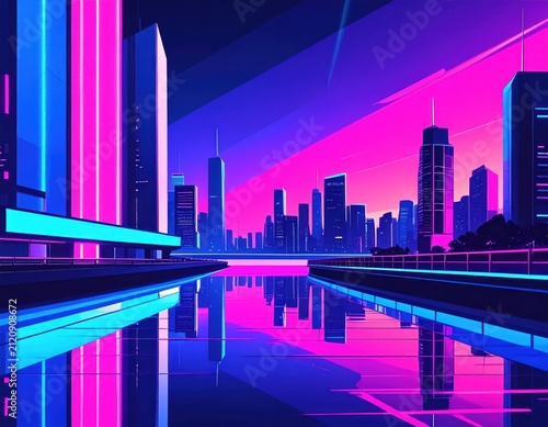 Abstract geometric neon city skyline reflecting in water.