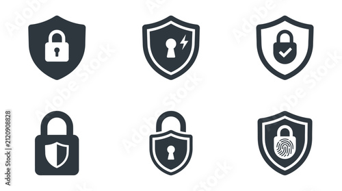 Security shields featuring various lock icons illustrate data protection and cybersecurity measures for digital safety.