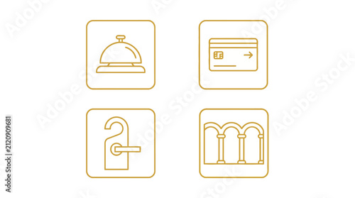 Hotel icons featuring a reception bell, credit card, door hanger, and architectural archway are displayed in a minimal gold line art style.